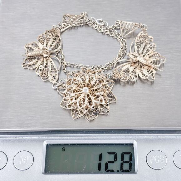 Vintage Sterling Silver 925 Filigree Floral Butterfly Necklace 15.75" - Picture 5 of 5